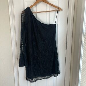 One shoulder black lace cocktail dress